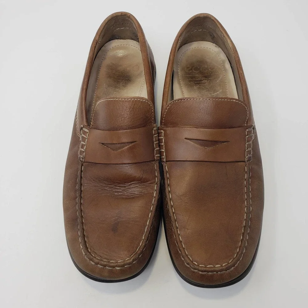 Ecco Mens Brown Leather Driving Moccasin Penny Loafer Shoes Size 43 / 9 9.5